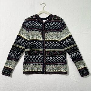 Cherokee Black/Green Fair Isle Holiday Buttoned Oversized Cardigan Sweater Small
